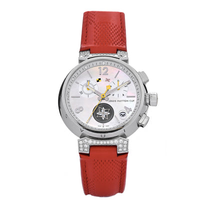 Louis Vuitton Stainless Steel Calfskin Diamond Mother of Pearl 39mm Tambour Lovely Cup Quartz Watch Red 1 of 4