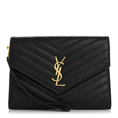 Saint Laurent Grain De Poudre Matelasse Chevron Monogram Envelope Clutch Black 1 of 12