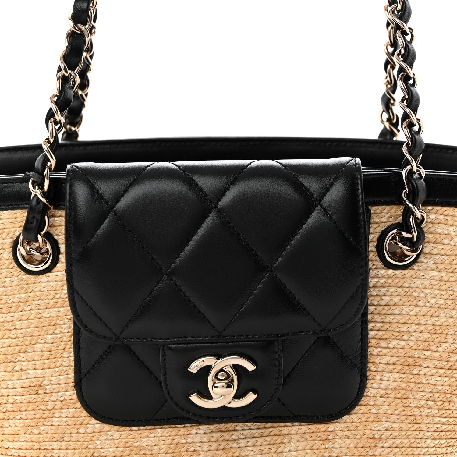 Chanel Raffia Braided Lambskin Small Shopping Tote Beige Black 9 of 12