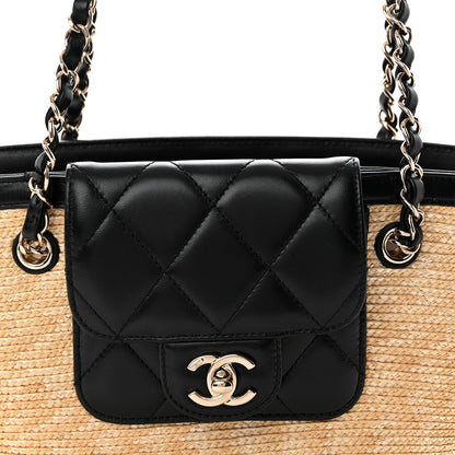 Chanel Raffia Braided Lambskin Small Shopping Tote Beige Black 9 of 12