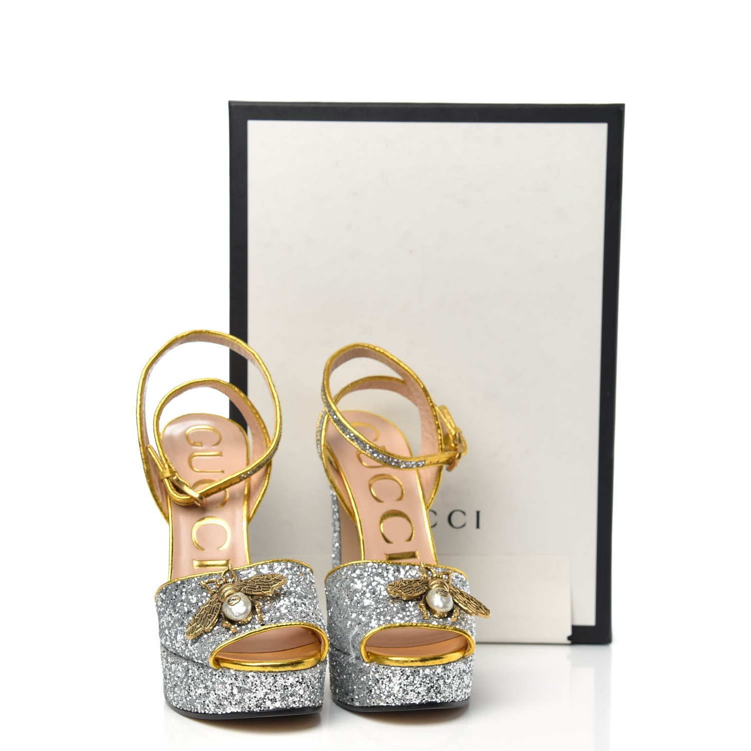 Gucci Glitter Soko Bee Platform High Heel Sandals 35 Argento Oro