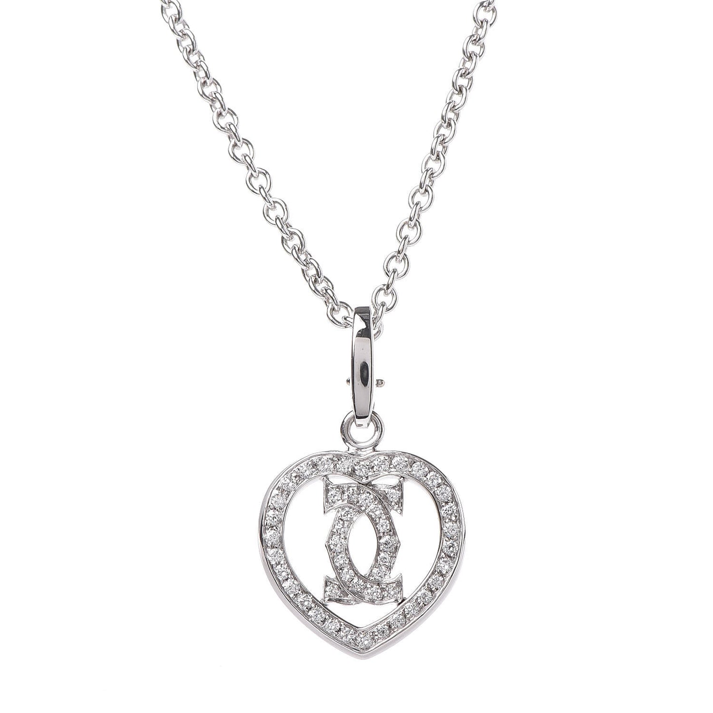 18K White Gold Diamond Heart Double C Pendant Necklace