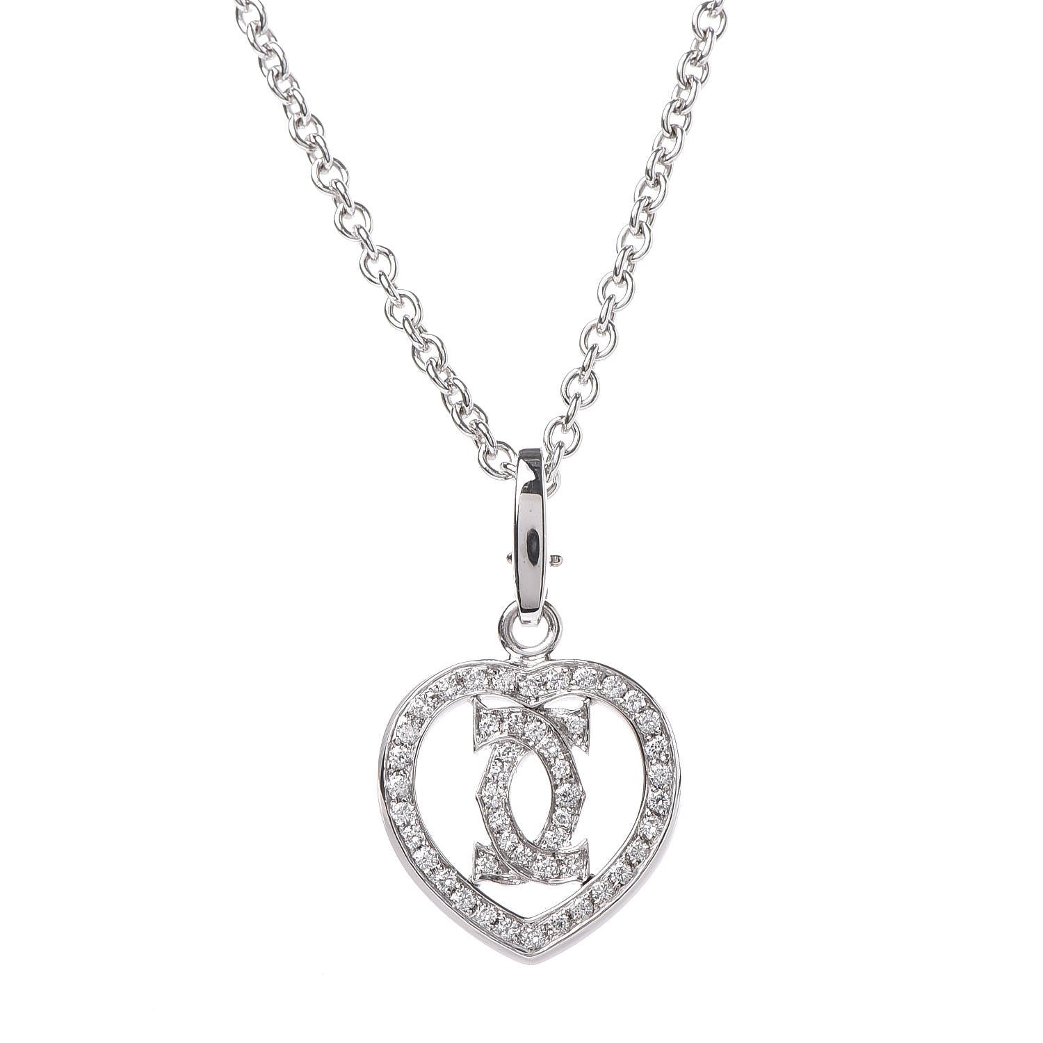 Cartier 18K White Gold Diamond Heart Double C Pendant Necklace 5 of 9