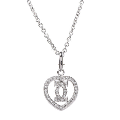Cartier 18K White Gold Diamond Heart Double C Pendant Necklace 5 of 9
