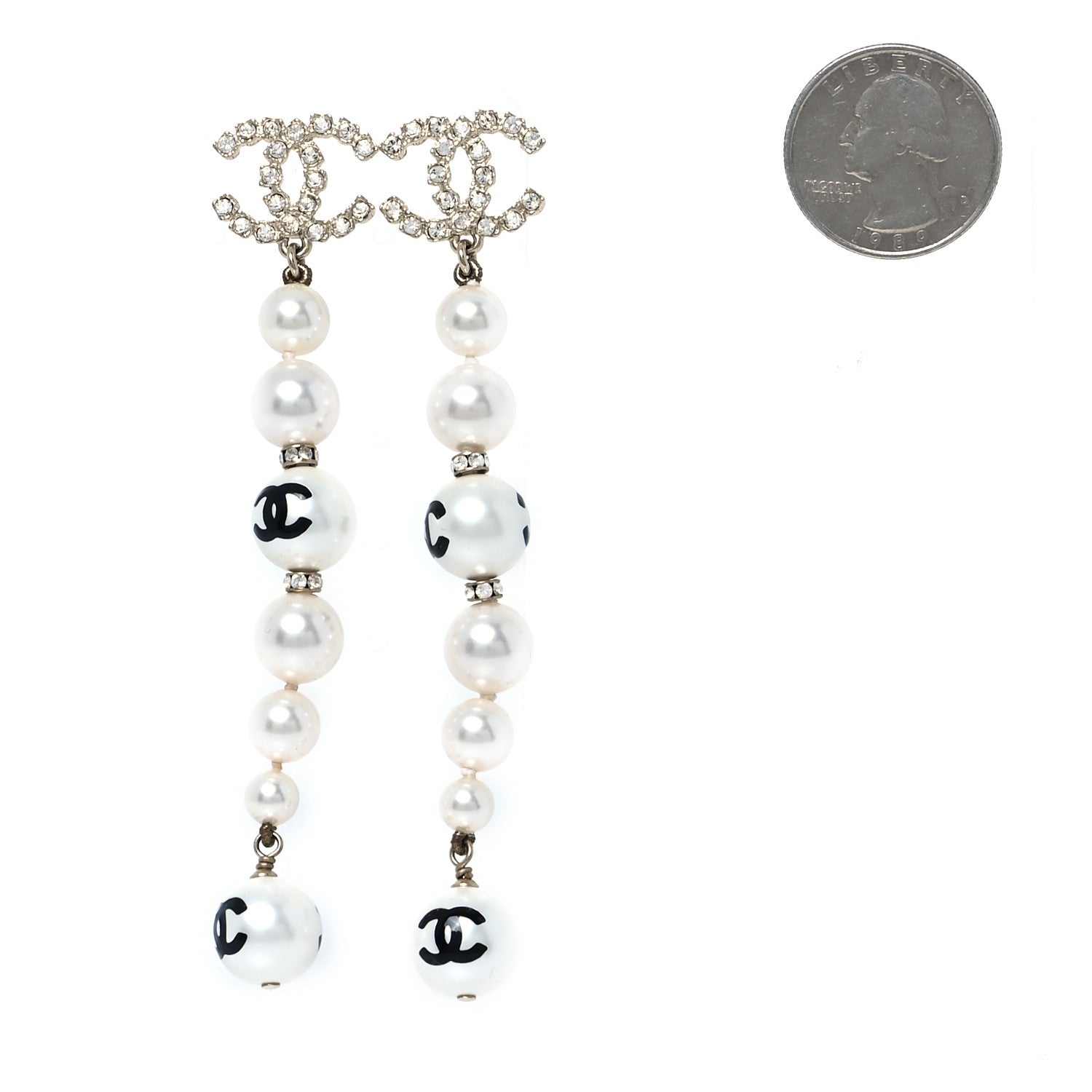 Chanel Pearl Crystal Coco's Pearls CC Long Drop Earrings Pearly White Gold Black 2 of 5