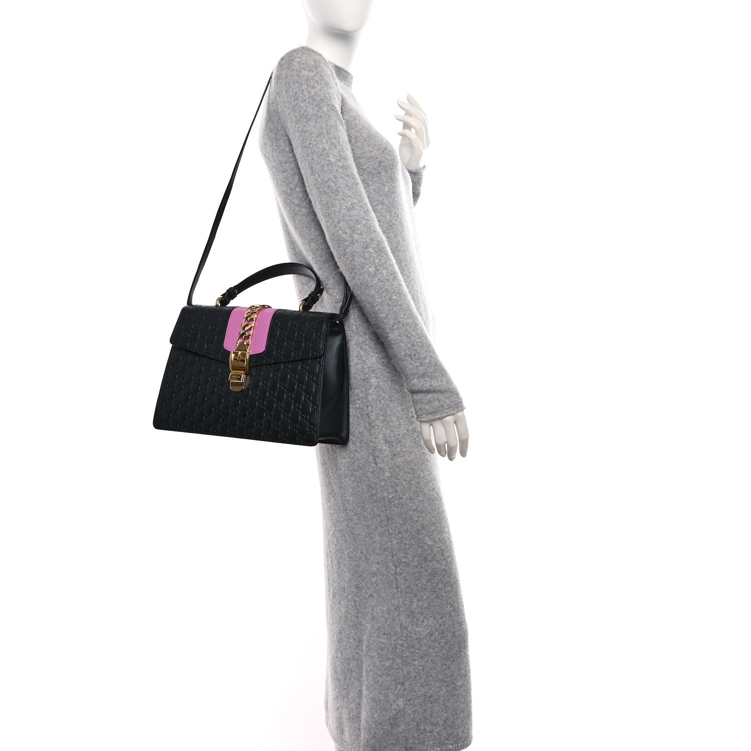 Gucci Guccissima Medium Sylvie Top Handle Bag Black Pink 2 of 9