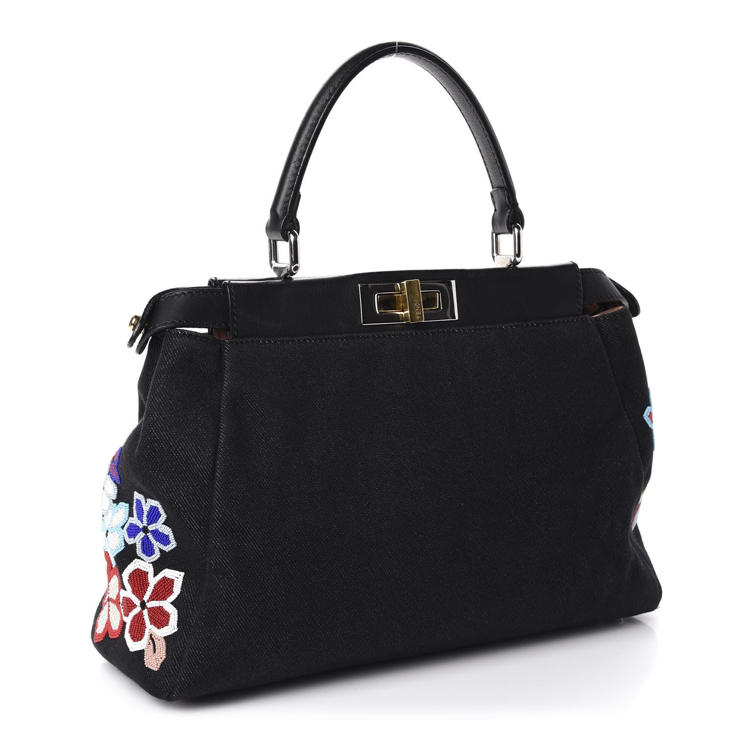 Fendi Denim Vitello Dolce QuTweet Beaded Medium Peekaboo Iconic Satchel Dark Blue Multicolor Black 2 of 11