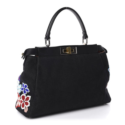 Fendi Denim Vitello Dolce QuTweet Beaded Medium Peekaboo Iconic Satchel Dark Blue Multicolor Black 2 of 11