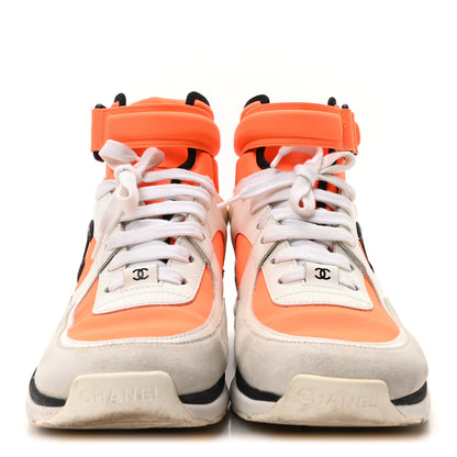 Chanel Suede Calfskin Lambskin Neoprene High Top CC Sneakers 36.5 White Fluo Orange 3 of 9