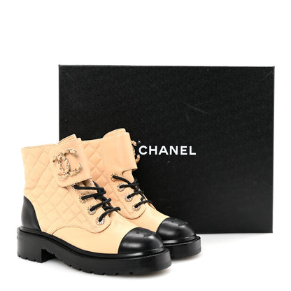 Chanel Lambskin Calfskin Quilted Lace Up Combat Boots 35.5 Beige Black 10 of 10