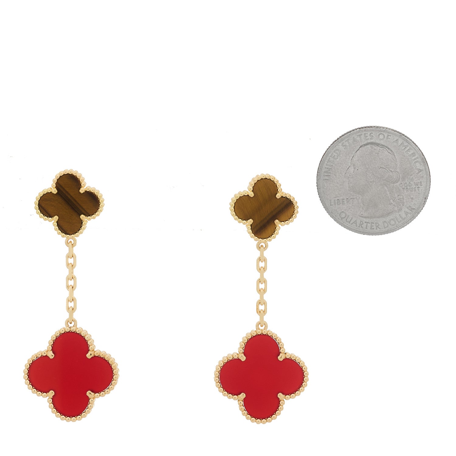 Van Cleef & Arpels 18K Yellow Gold Tiger Eye Carnelian 2 Motifs Magic Alhambra Earrings 2 of 5