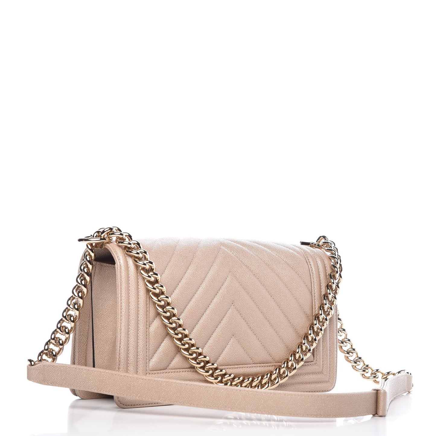 Metallic Caviar Chevron Quilted Medium Boy Flap Light Beige