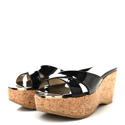 Jimmy Choo Patent Prima Cork Wedge Sandals 36.5 Black 3 of 8