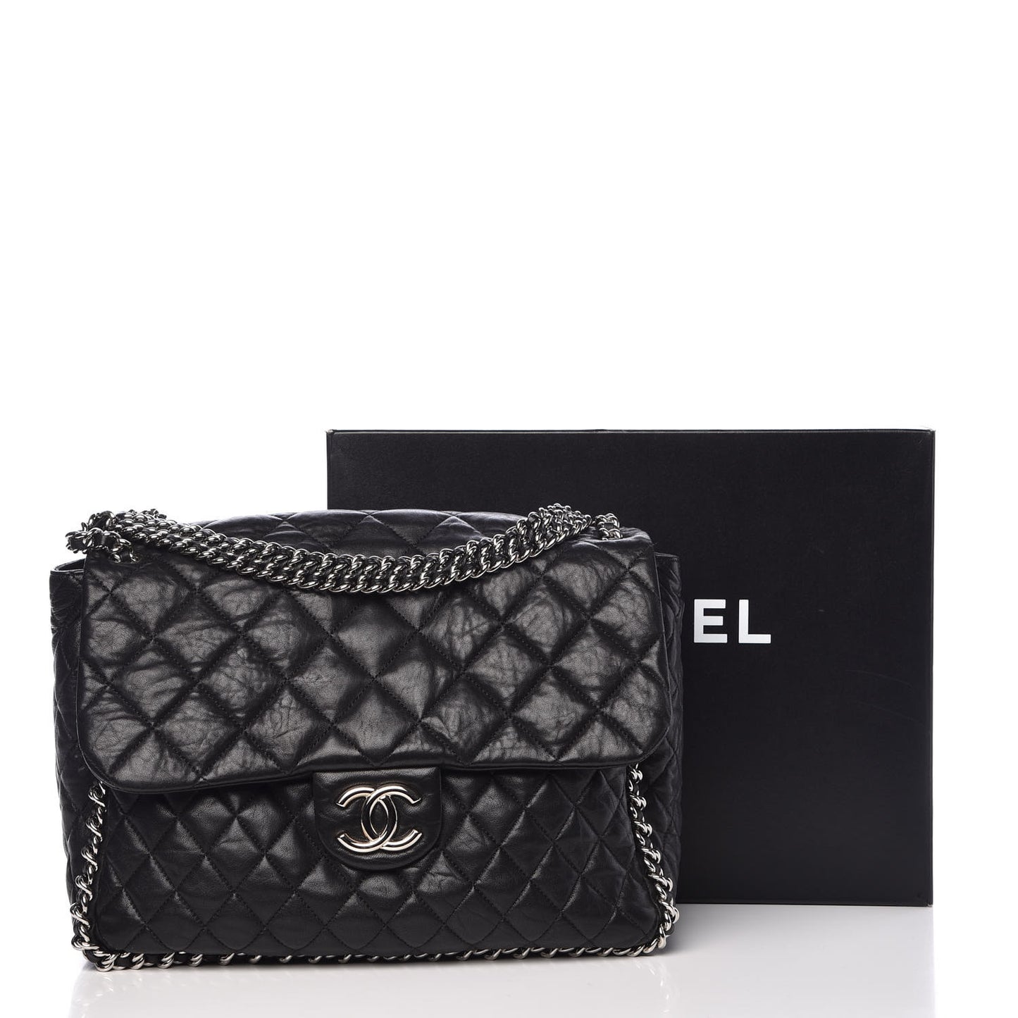 Washed Lambskin Quilted Maxi Chain Around Flap Black
