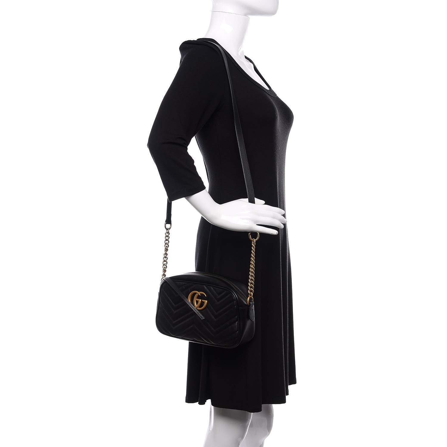 Gucci Calfskin Matelasse Small GG Marmont Chain Shoulder Bag Black 2 of 9