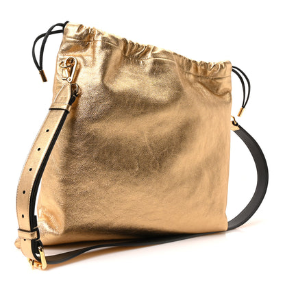Fendi Laminated Calfskin Medium Drawstring Pouch Bag Oro Black 3 of 10
