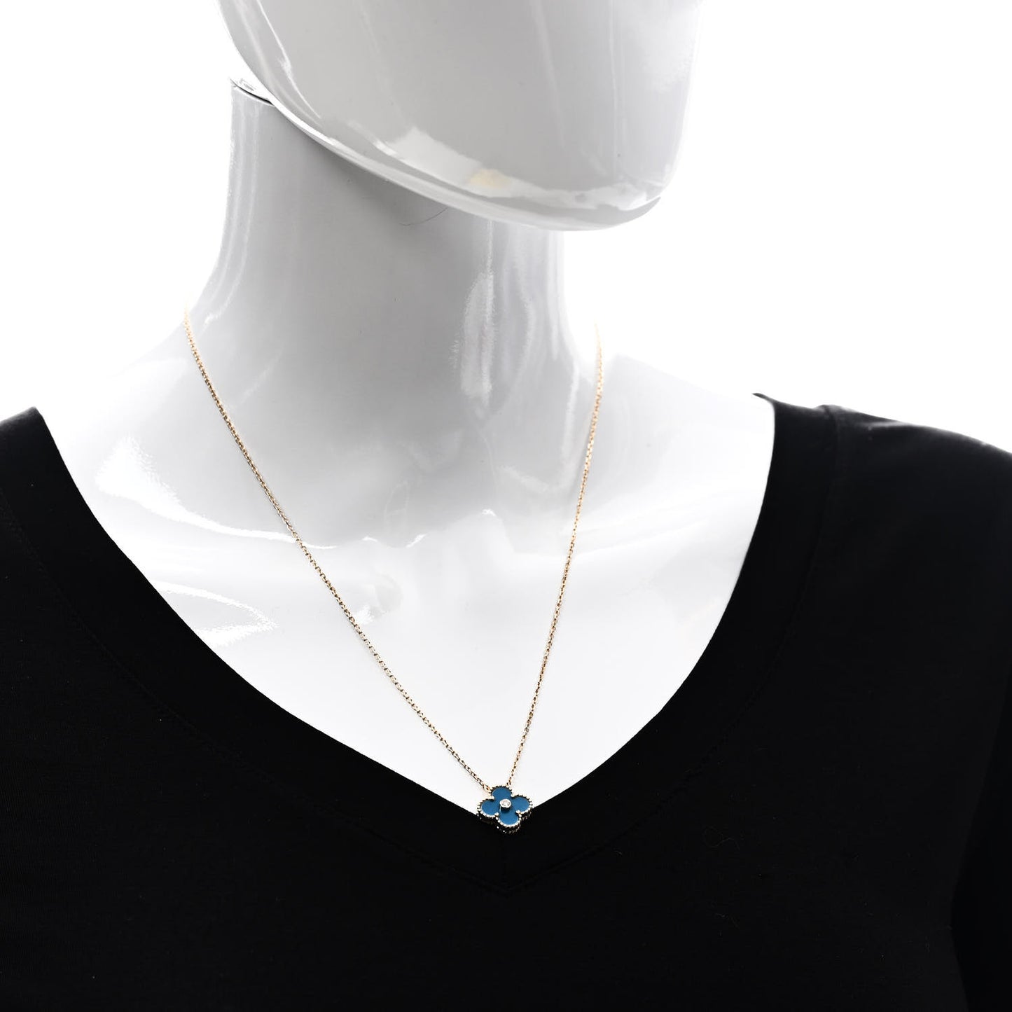 18K Yellow Gold Diamond Celestial Blue Sevres Porcelain Vintage Alhambra Pendant Necklace