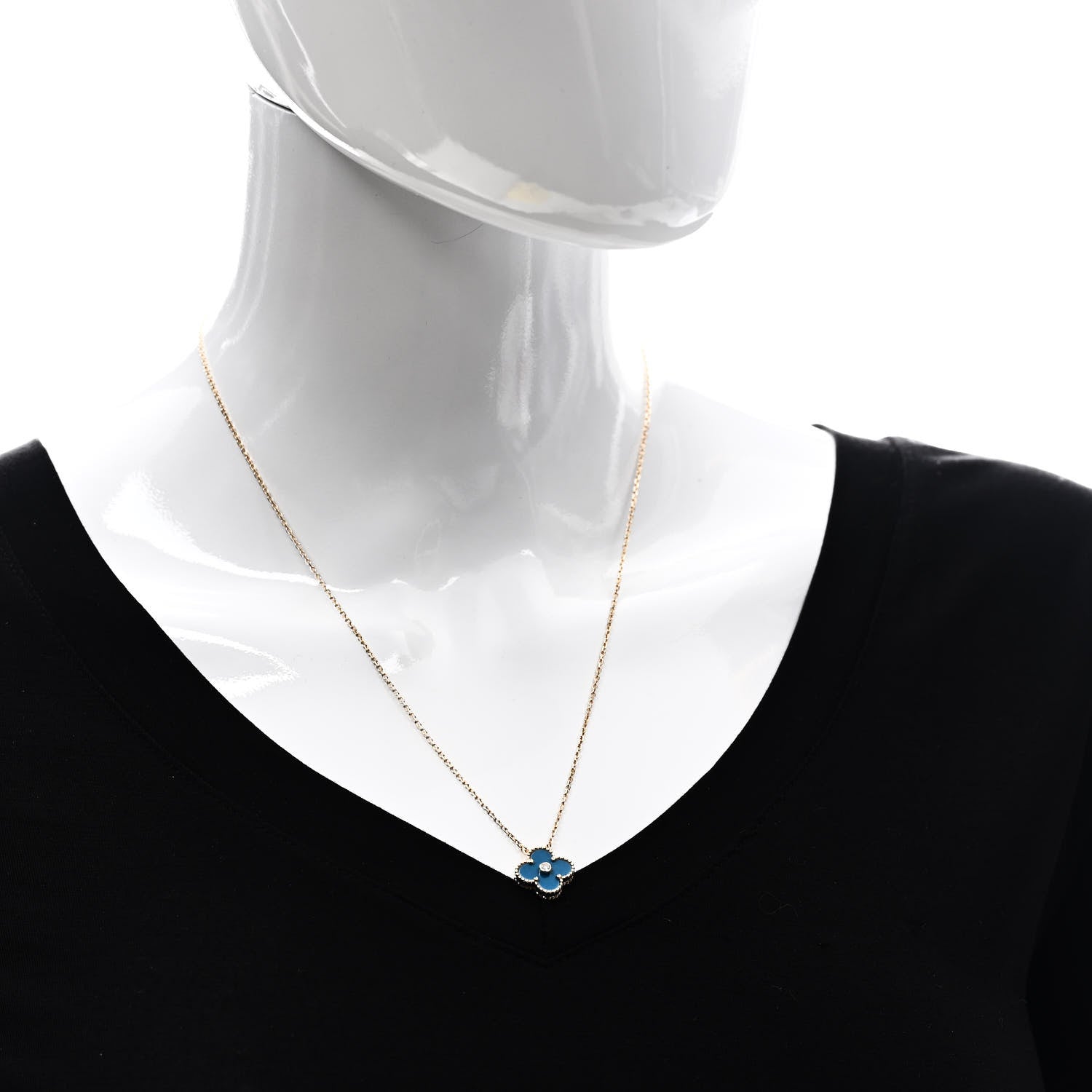 Van Cleef & Arpels 18K Yellow Gold Diamond Celestial Blue Sevres Porcelain Vintage Alhambra Pendant Necklace 2 of 6