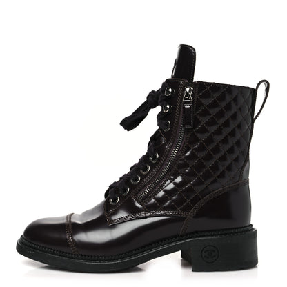 Chanel Shiny Calfskin Quilted CC Lace Up Combat Boots 38 Dark Burgundy 1 of 10