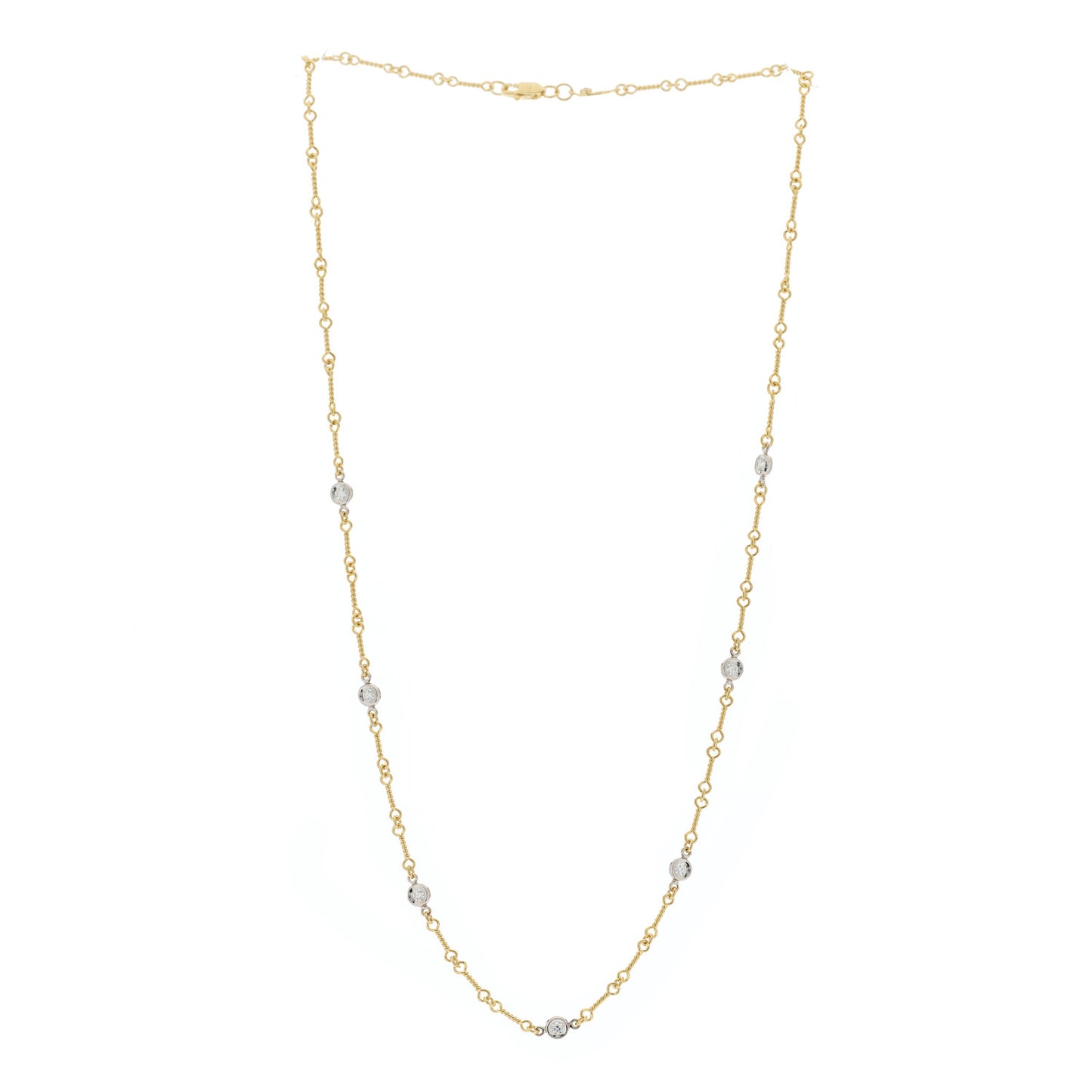 18K Yellow White Gold Diamond By the Inch Seven Station Dog Bone Necklace