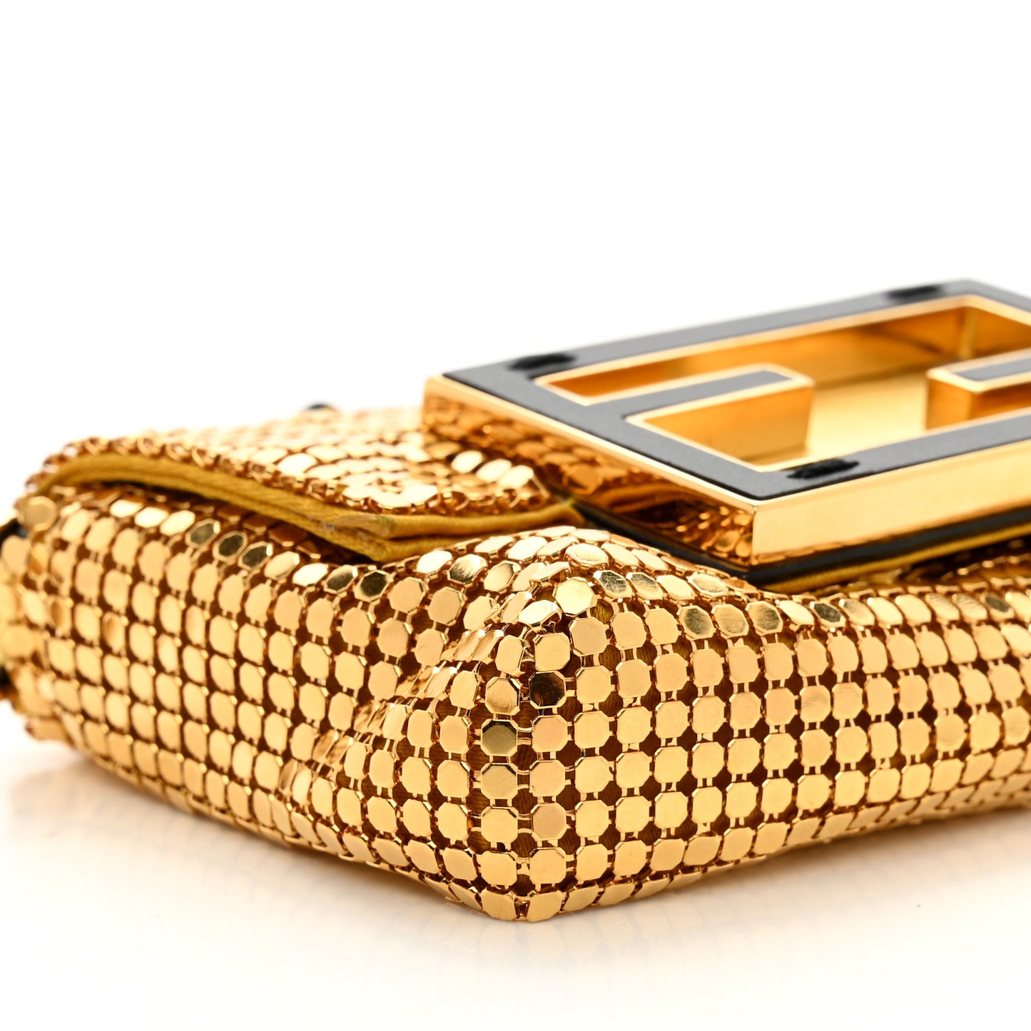 X VERSACE Metal Chainmail Mesh Fendace Nano Brooch Baguette Gold