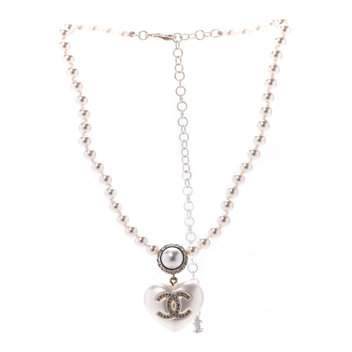 Pearl Crystal CC Heart Short Necklace Pearly White Gold