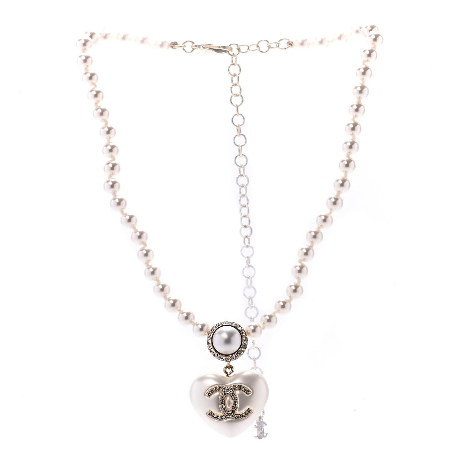 Chanel Pearl Crystal CC Heart Short Necklace Pearly White Gold 3 of 4