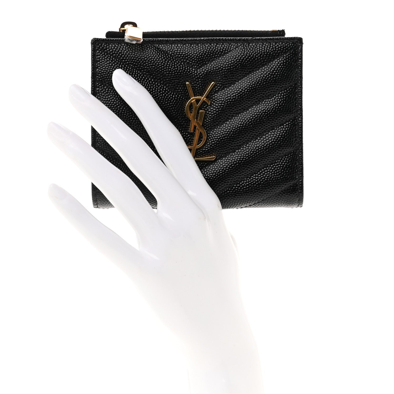 Saint Laurent Grain De Poudre Matelasse Chevron Monogram Zipped Card Case Black 2 of 8