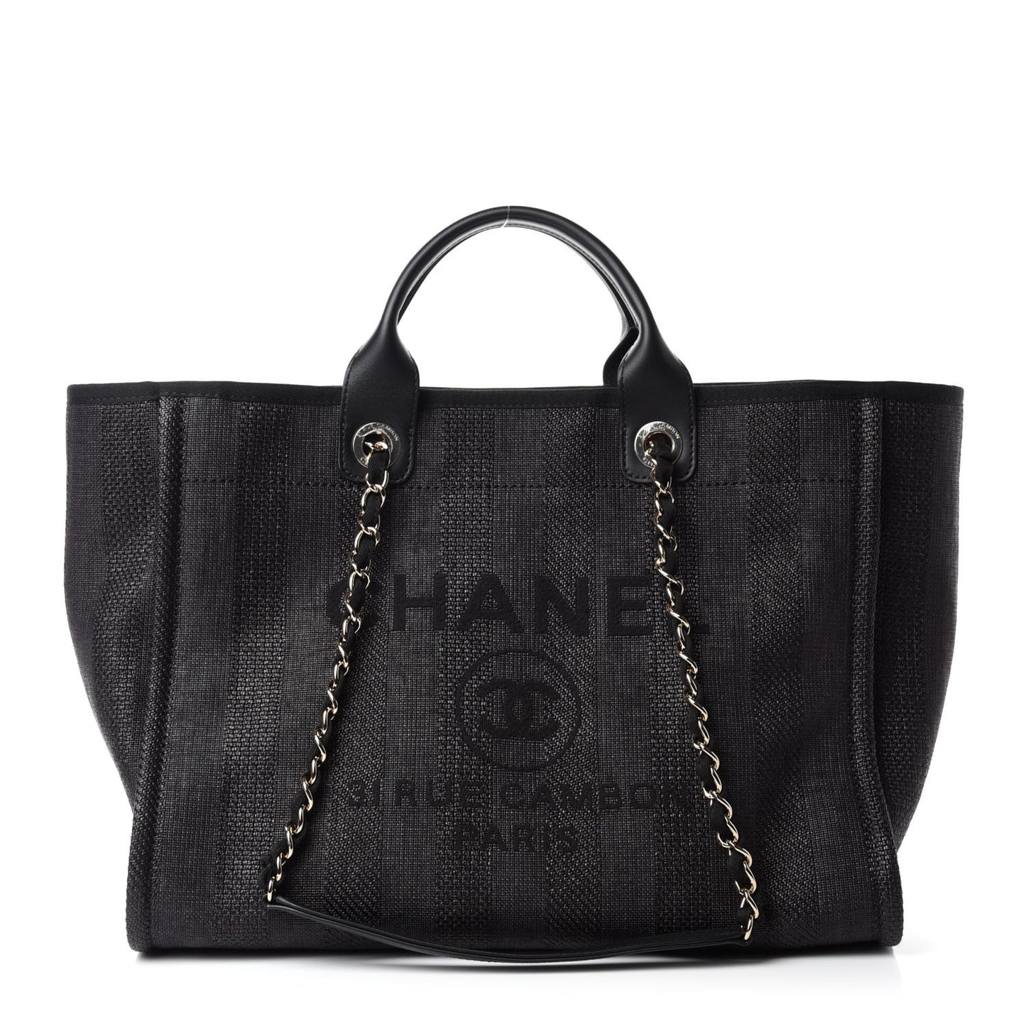 Mixed Fibers Calfskin Striped Medium Deauville Tote Black