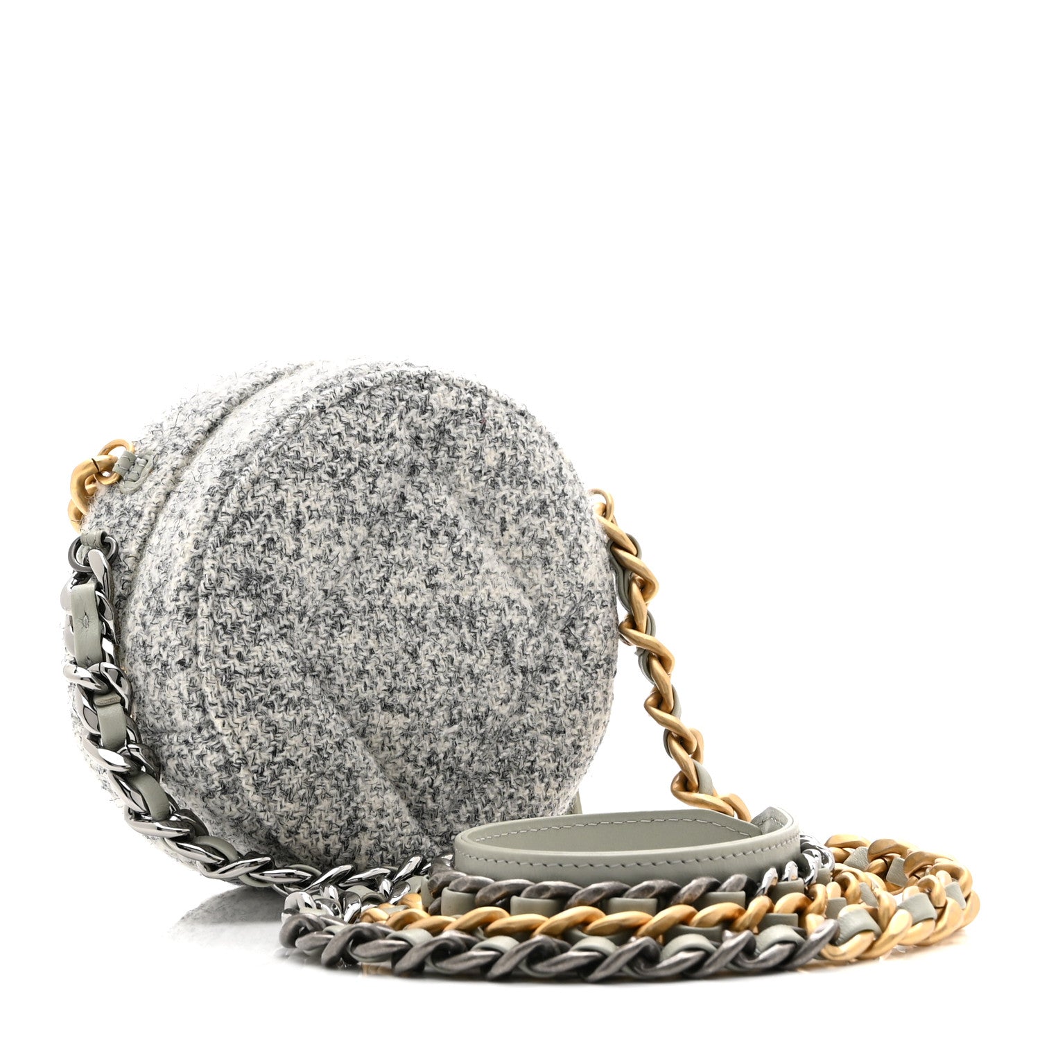 Chanel Wool Tweed Lambskin Quilted Chanel 19 Round Clutch With Chain Grey Ecru 3 of 10