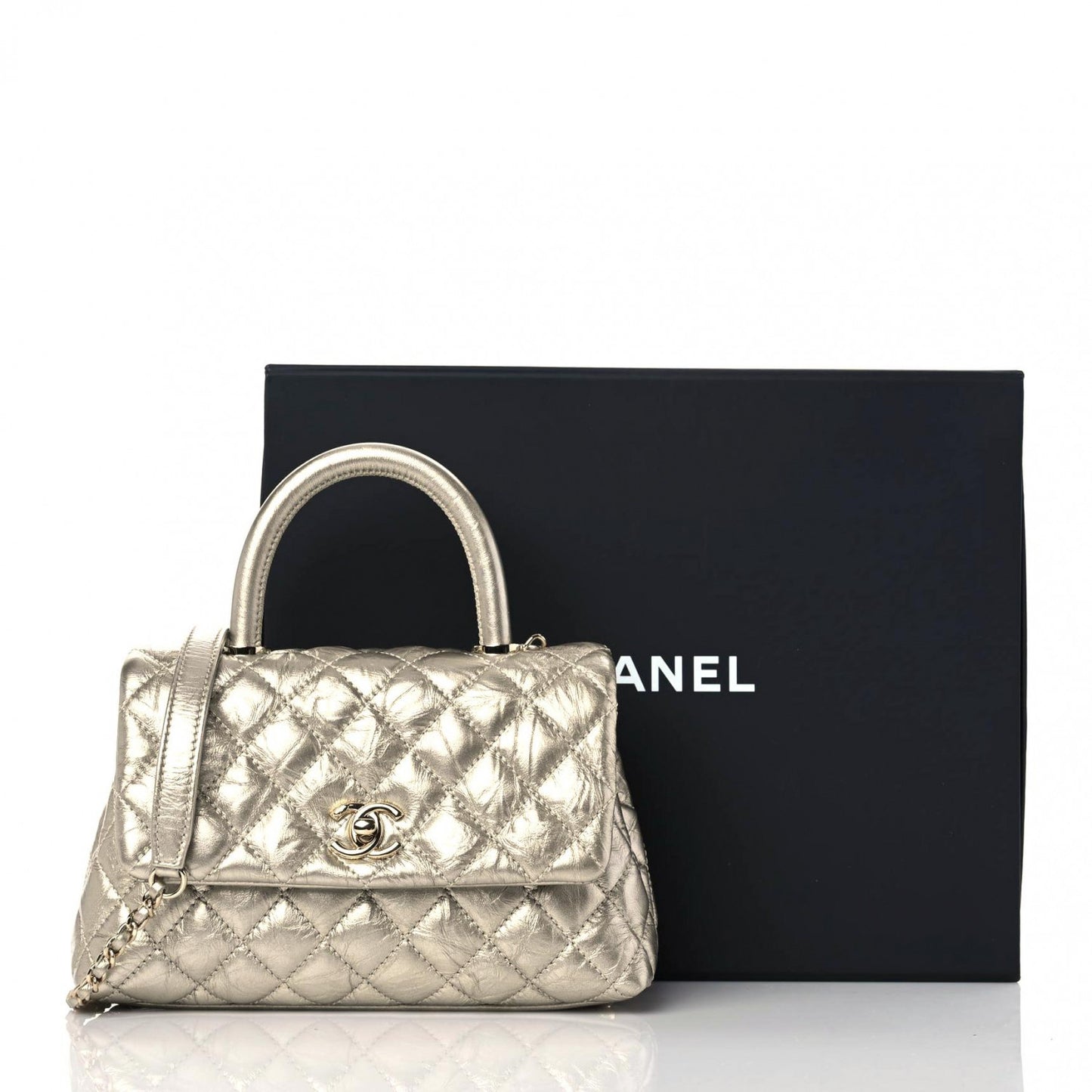 Metallic Aged Calfskin Quilted Mini Coco Handle Flap Gold