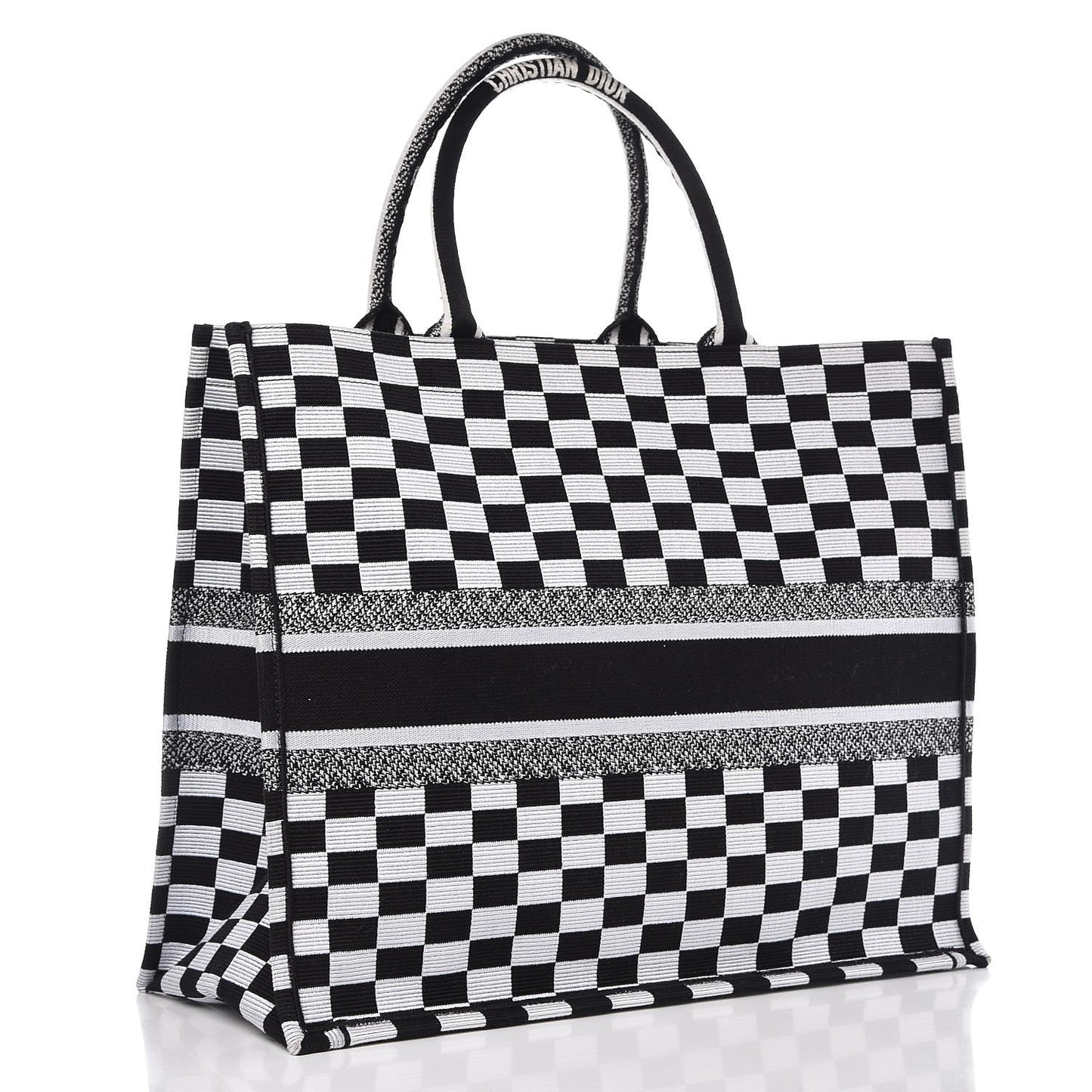 Canvas Embroidered Checkered Book Tote Black White