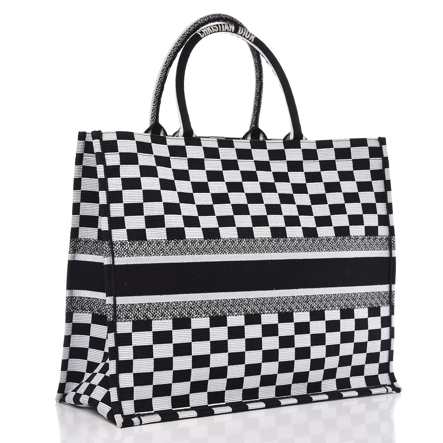 Christian Dior Canvas Embroidered Checkered Book Tote Black White 3 of 9
