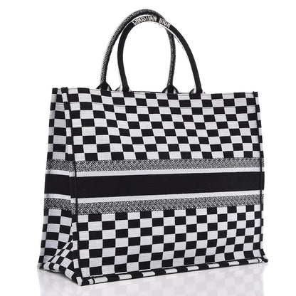 Christian Dior Canvas Embroidered Checkered Book Tote Black White 3 of 9