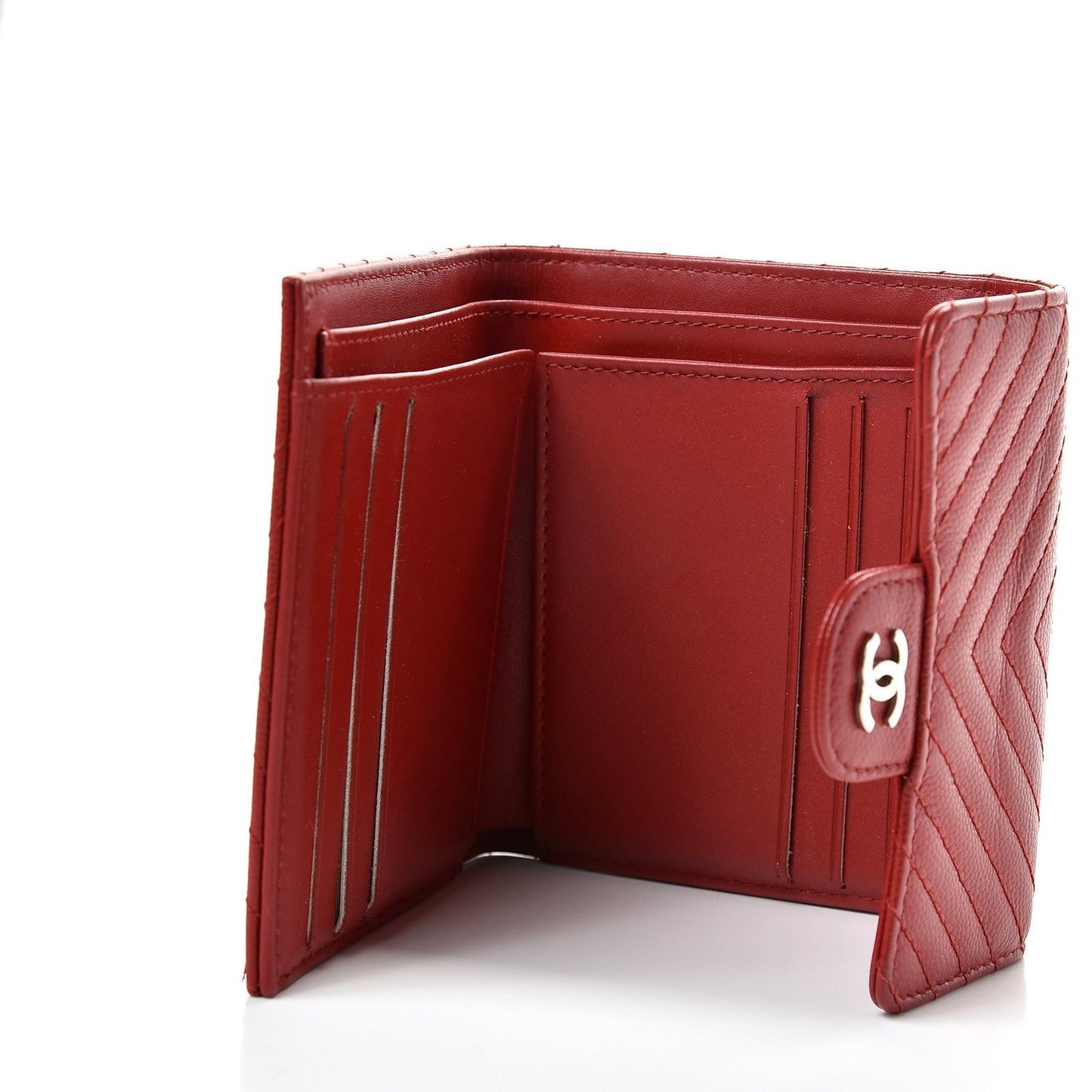 Caviar Chevron Quilted Compact Flap Wallet Dark Red