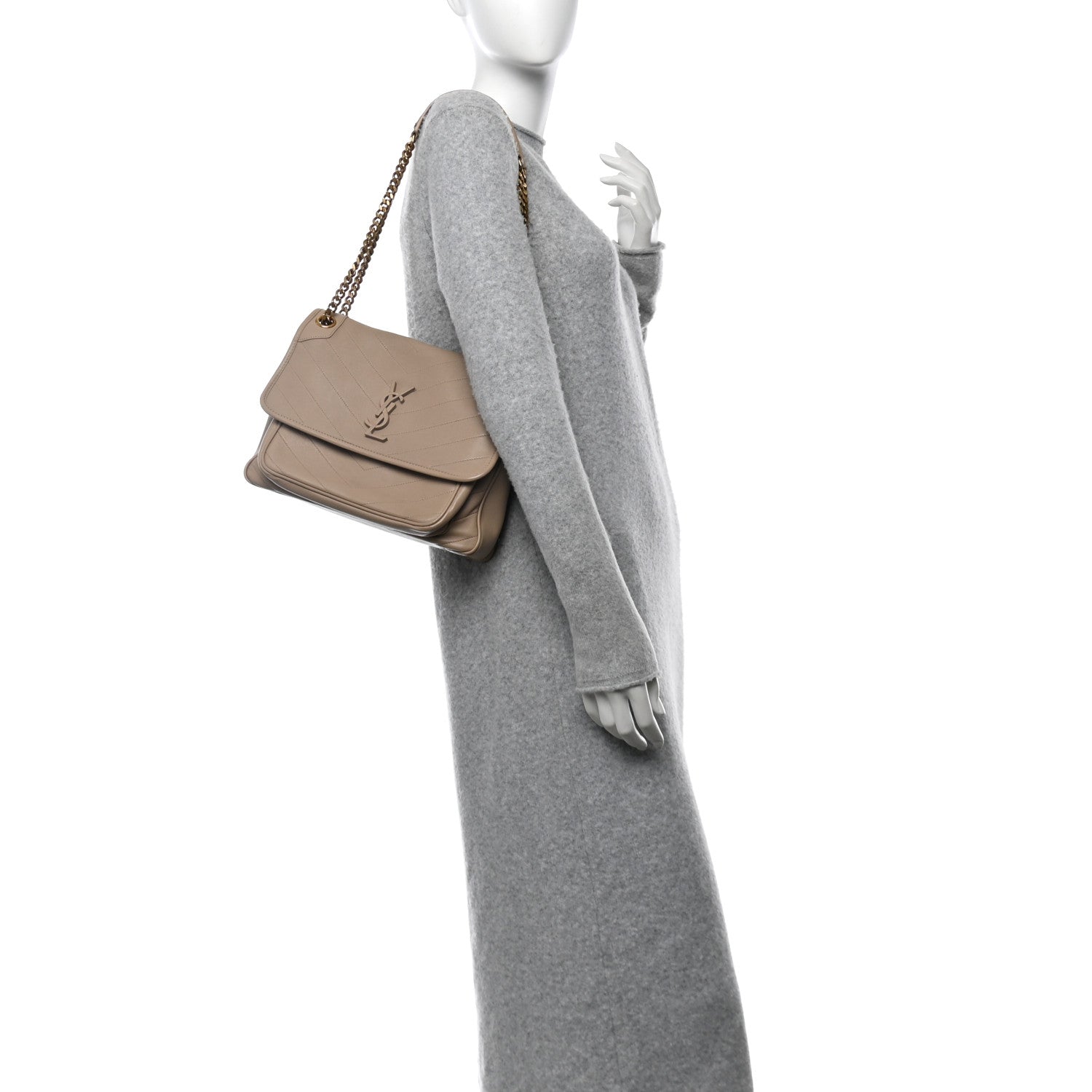 Saint Laurent Lambskin Matelasse Monogram Medium Niki Chain Satchel  Dark Beige 2 of 21