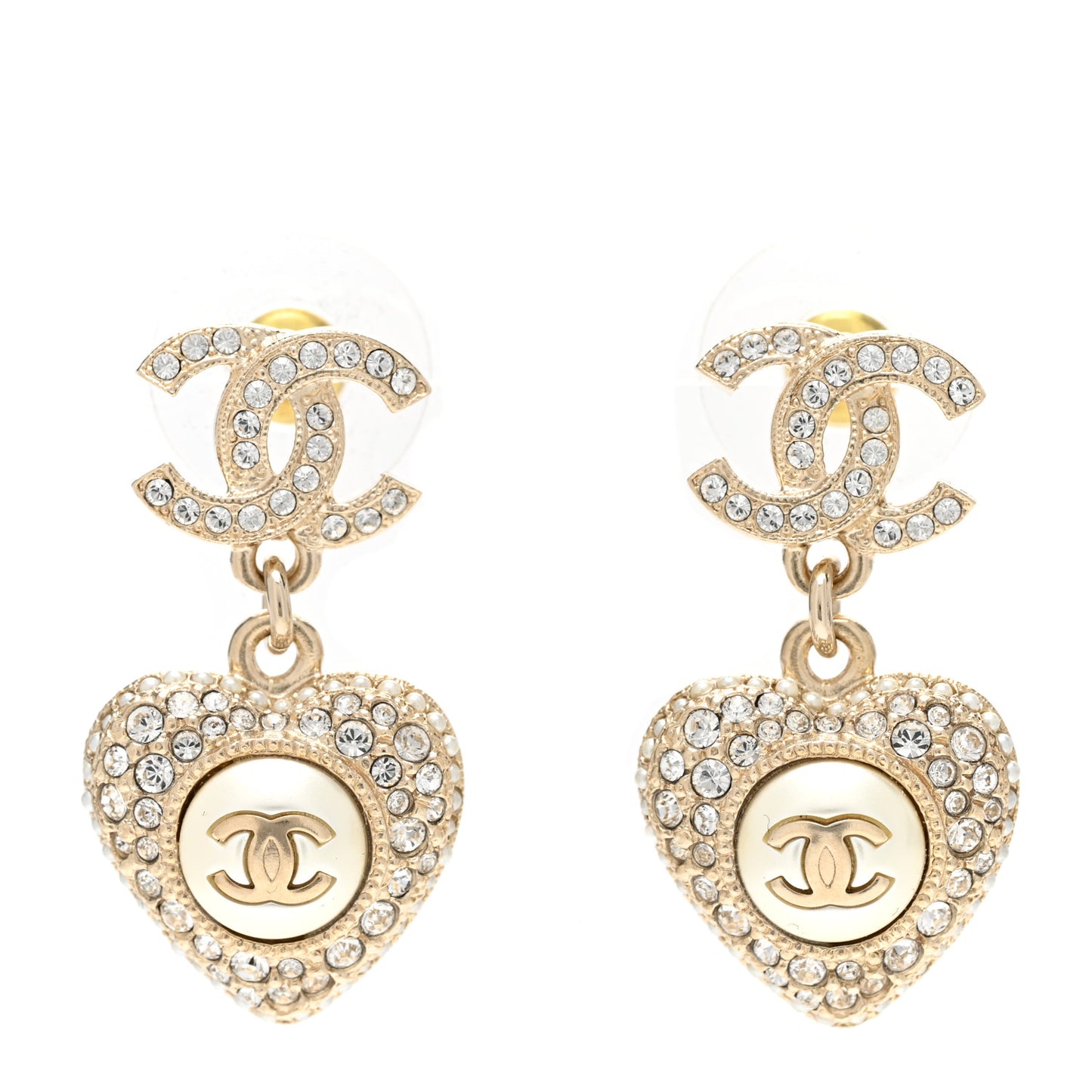Pearl Crystal CC Heart Drop Earrings Gold White