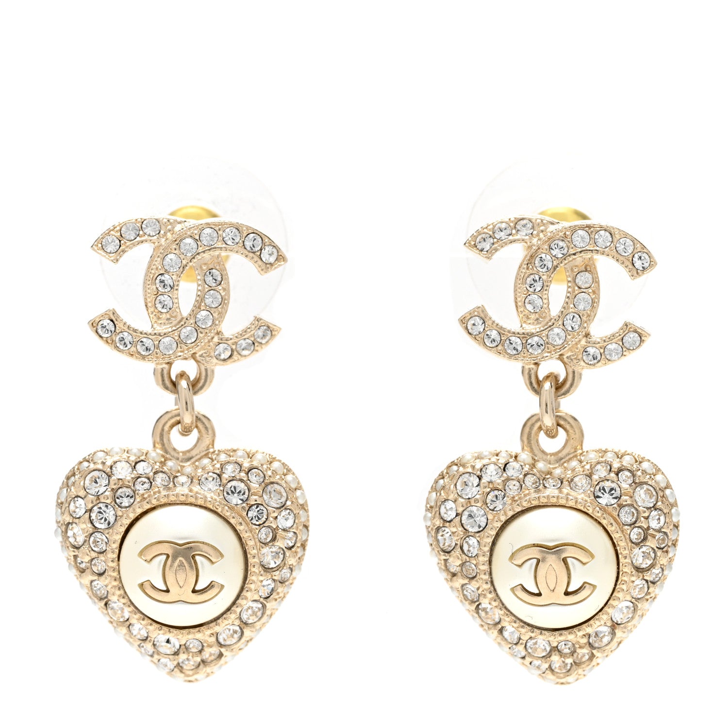 Chanel Pearl Crystal CC Heart Drop Earrings Gold White 1 of 5