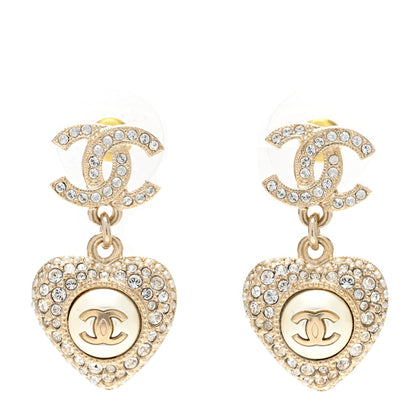 Chanel Pearl Crystal CC Heart Drop Earrings Gold White 1 of 5