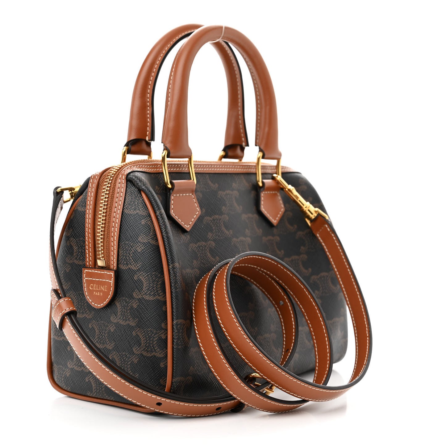 Triomphe Canvas Calfskin Small Boston Bag Tan