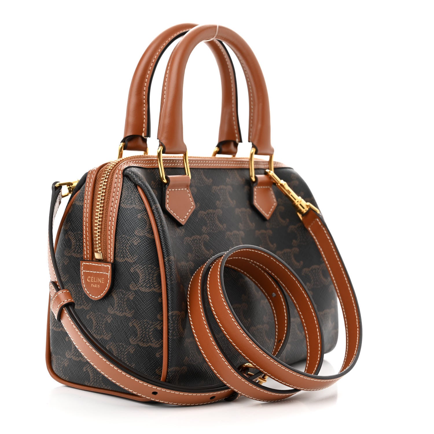 Celine Triomphe Canvas Calfskin Small Boston Bag Tan 3 of 9