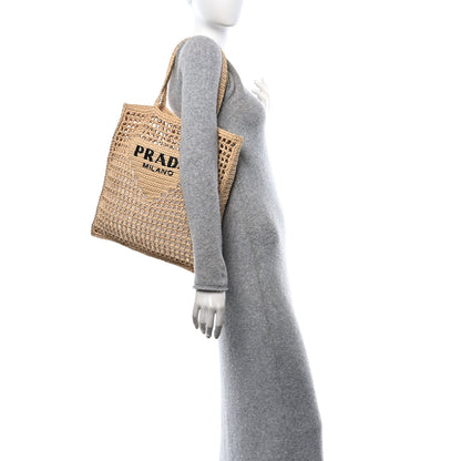 Prada Yarn Raffia Effect Crochet Logo Embroidered Tote Bag Naturale 3 of 9