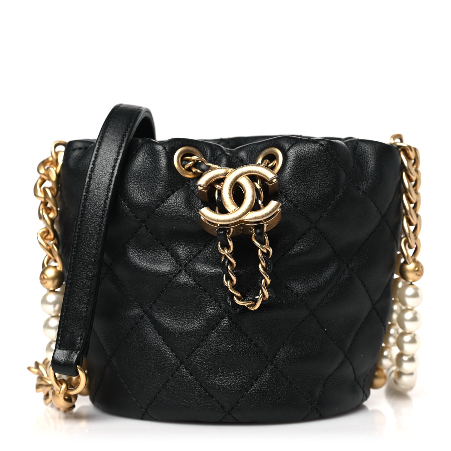 Calfskin Quilted Pearl Mini About Pearls Drawstring Bucket Bag Black