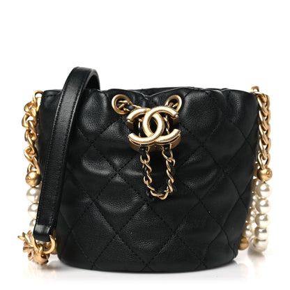 Chanel Calfskin Quilted Pearl Mini About Pearls Drawstring Bucket Bag Black 1 of 9