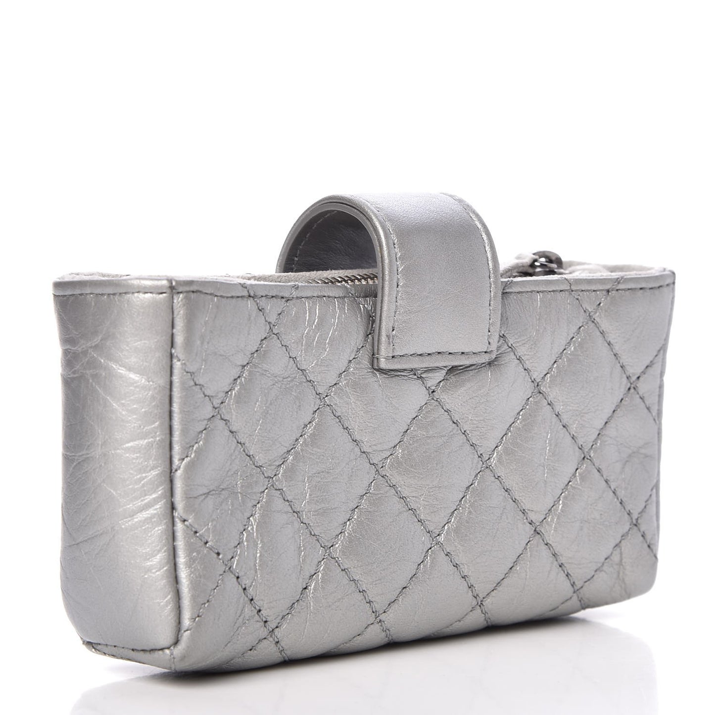Metallic Aged Calfskin Quilted Mini Phone Holder Clutch Silver