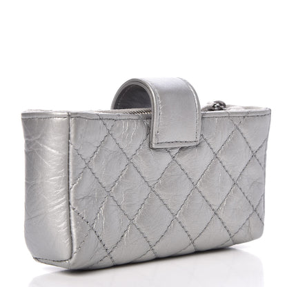 Chanel Metallic Aged Calfskin Quilted Mini Phone Holder Clutch Silver 3 of 9