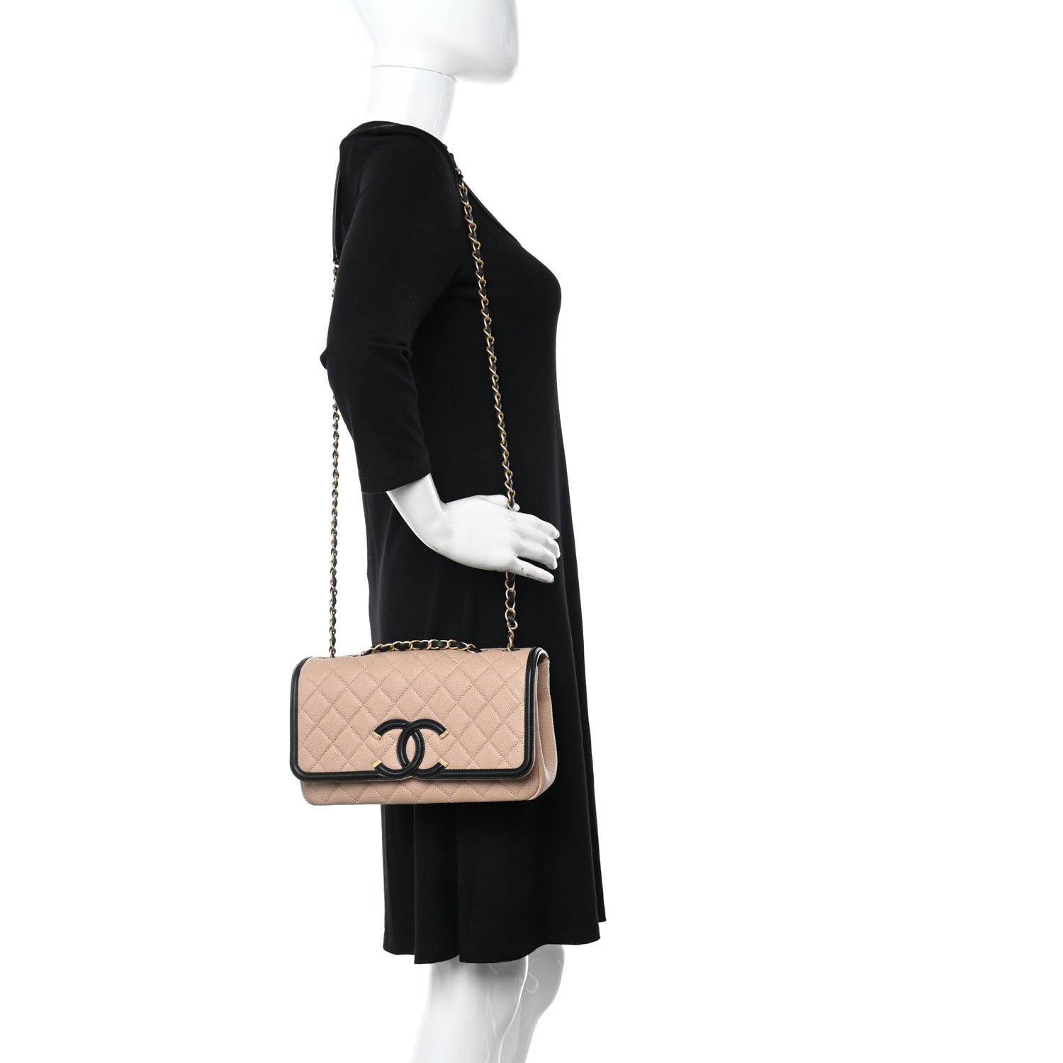 Chanel Caviar Quilted Medium CC Filigree Flap Beige Black 2 of 11