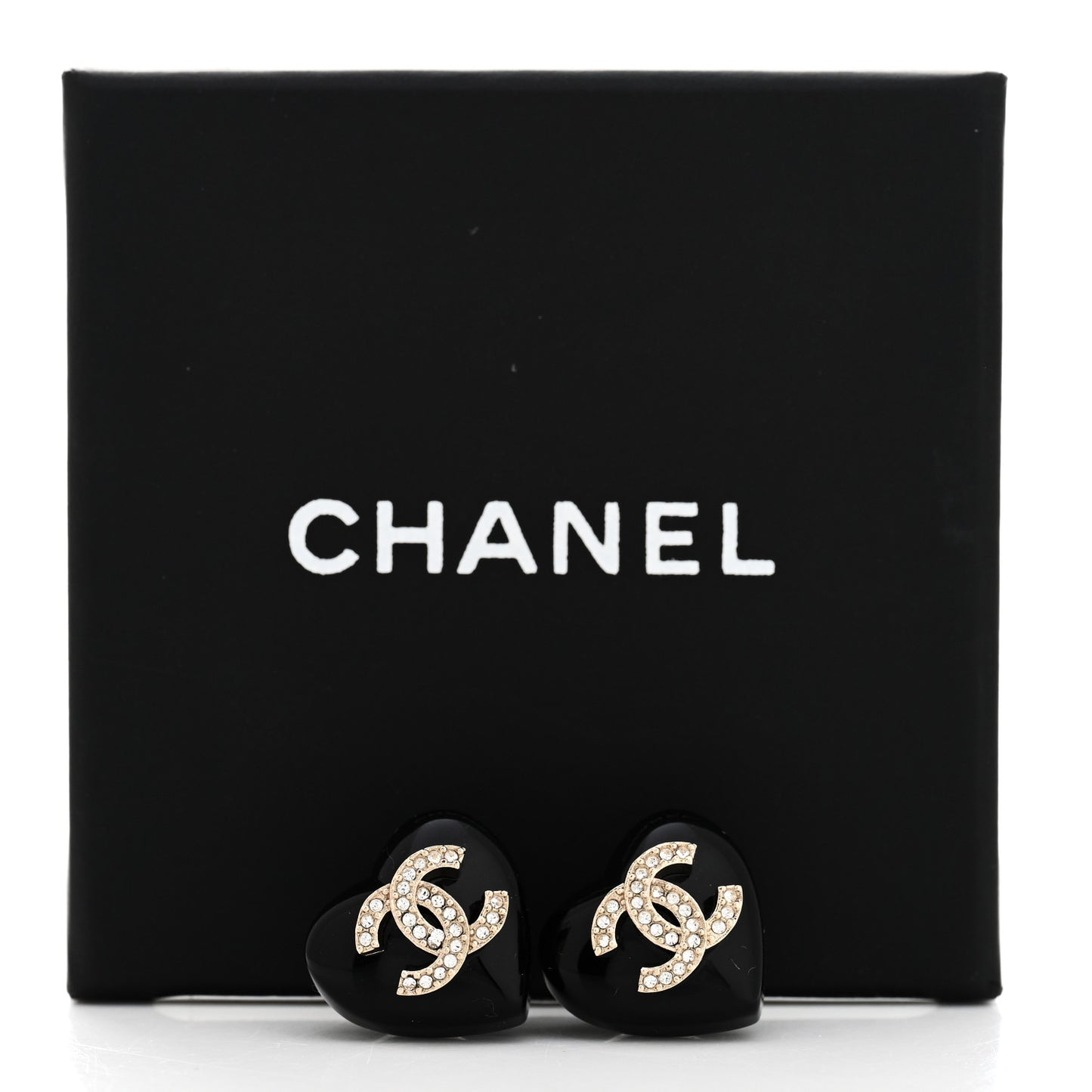 Resin Crystal CC Heart Earrings Black Gold
