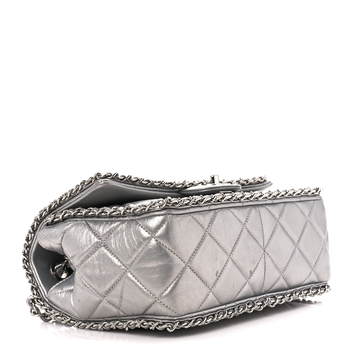 Metallic Lambskin Medium Chain All Over Flap Silver