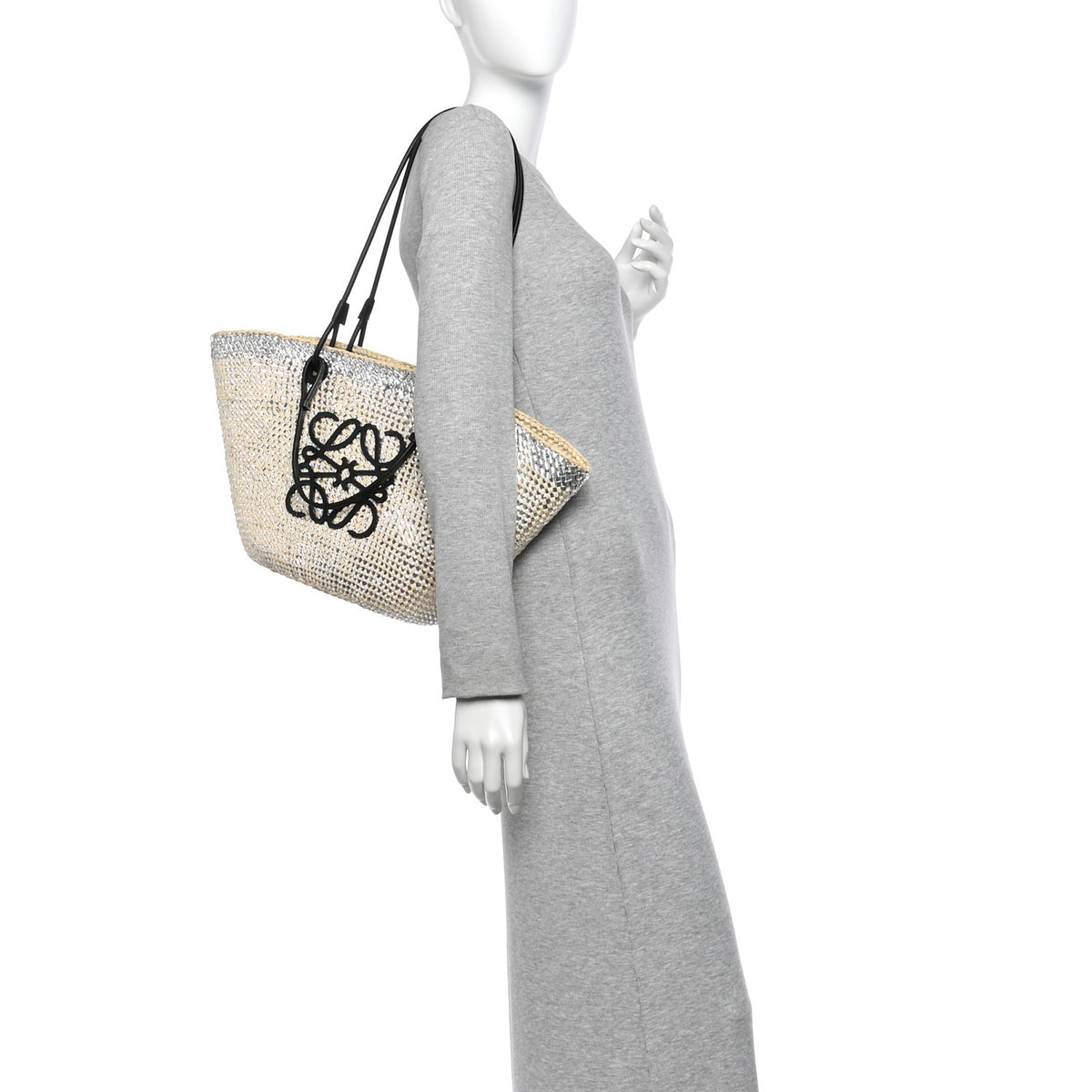 Calfskin Raffia Paulas Ibiza Sparkling Metallic Anagram Basket Tote Bag Natural Silver